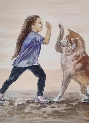 Картина  маслом девочка с собакой1 фото