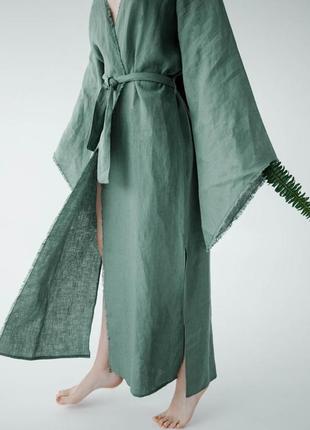 Сукня-кімоно з льону з широкими рукавами та декоративними необробленими краями. лляна сукня2 фото