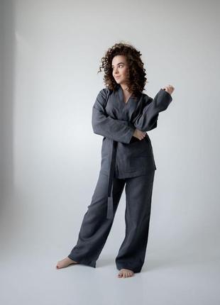 Костюм-кімоно зі штанами вільного фасону з льону жіночий "графіт". лляний костюм, костюм-кімоно2 фото