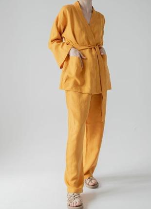Костюм кимоно с брюками свободного фасона из льна женский "шкафран". льняной костюм, костюм-кимоно3 фото