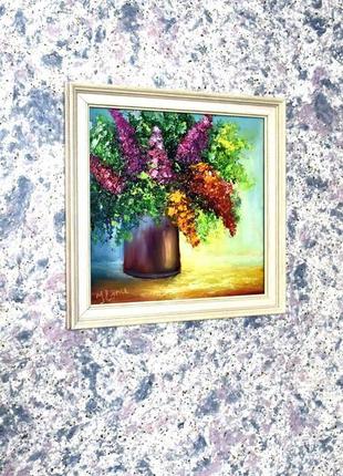 Цветы в вазе, картина в раме, 26х26см, оргалит5 фото