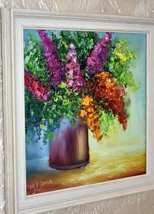 Цветы в вазе, картина в раме, 26х26см, оргалит3 фото