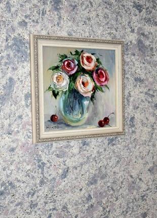 Троянди у вазі,оргаліт,25х25/живопис квіти1 фото