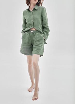 Костюм з льону вільного фасону - сорочка з шортами та штанами "олива".лляний костюм, костюм из льна6 фото