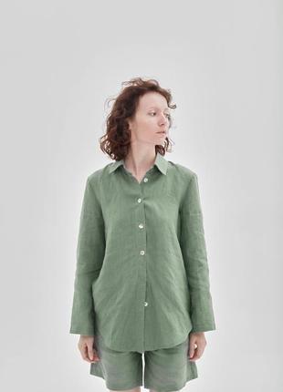 Костюм з льону вільного фасону - сорочка з шортами та штанами "олива".лляний костюм, костюм из льна7 фото
