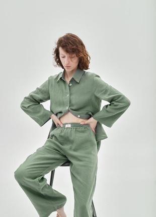 Костюм з льону вільного фасону - сорочка зі штанами "олива". лляний костюм, костюм из льна5 фото