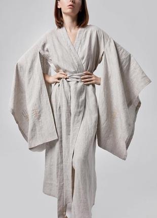 Сукня-кімоно з льону в японському стилі з вишивкою. лляна сукня-кімоно, сукня-кімоно з льону