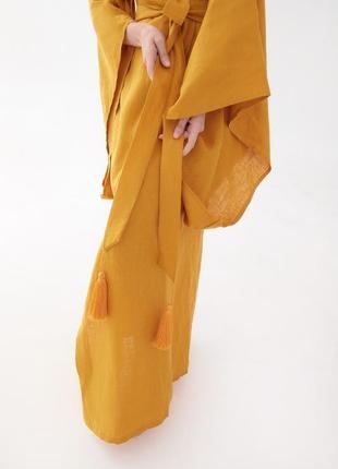 Сукня-кімоно з льону в японському стилі з вишивкою. колекція "птахи україни"4 фото