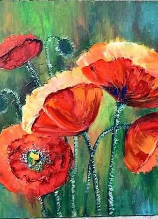 Маки мастихином, интерьерная картина,оргалит,30х30