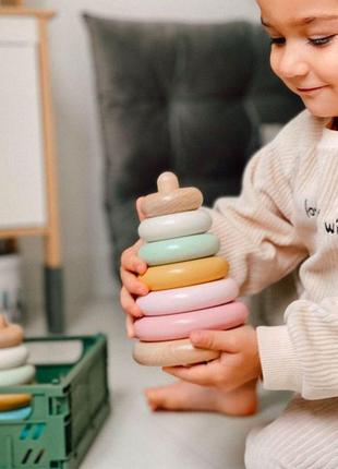 Пирамидка разноцветная классическая деревянная детская экопродукт логическая игрушка для малышей