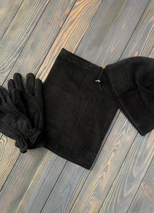 Комплект зима 3в1  шапка+рукавиці+бафф чорний1 фото