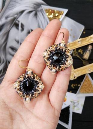 Серьги кружевные классика чёрное золото swarovski