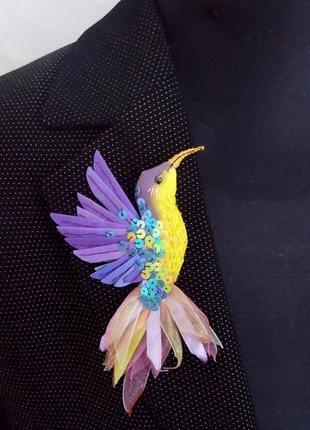 Текстильная брошь "фиолетовая колибри 2"5 фото