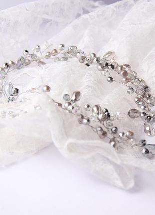 Серебристая длинная веточка (венок) в прическу. свадебное украшение для волос.3 фото