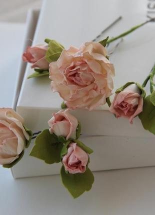 Цветы в прическу. шпильки с  розовыми цветами. заколка с розочками.5 фото
