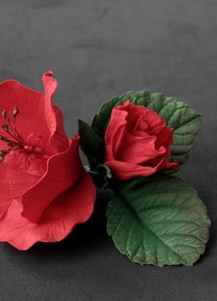 Красный цветок в прическу. заколка с красным цветком гибискуса.5 фото