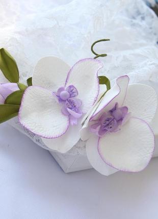 Заколка с бело сиреневыми орхидеями. свадебная веточка с орхидеями. орхидея в прическу.3 фото