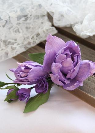 Заколка з бузковими та фіолетовими квітами. прикраса в зачіску з квітами.1 фото