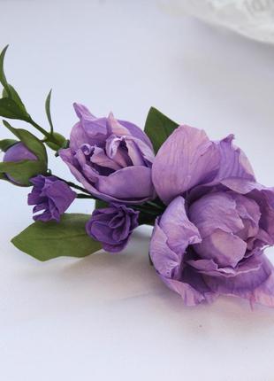Заколка с сиреневыми и фиолетовыми цветами. украшение в прическу с цветами.6 фото