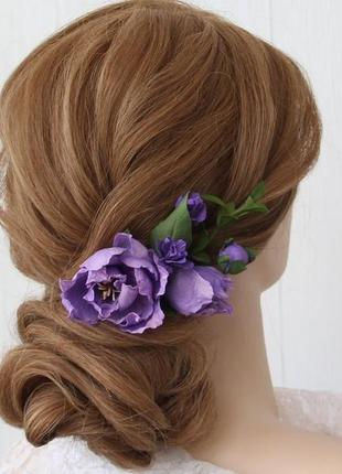 Заколка з бузковими та фіолетовими квітами. прикраса в зачіску з квітами.3 фото