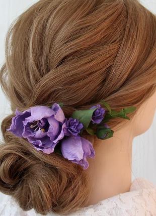 Заколка з бузковими та фіолетовими квітами. прикраса в зачіску з квітами.9 фото