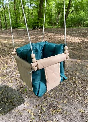 Подвесная непромокаемая водостойкая тканевая детская качель comfort + бежевый с т. зелеными подушкой и матраси