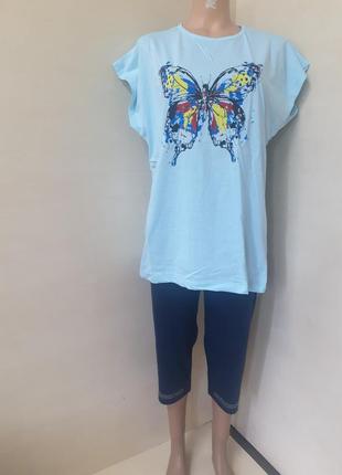 Женский летний костюм футболка бриджи турция мята бабочка большие размеры 52 54 56 58