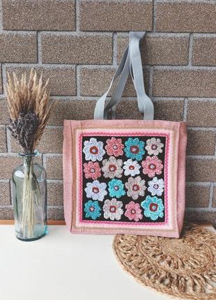Сумка тоут , вишита сумка , килимова вишивка, стильна сумка ,кольорові квіти, подарунок коханій1 фото