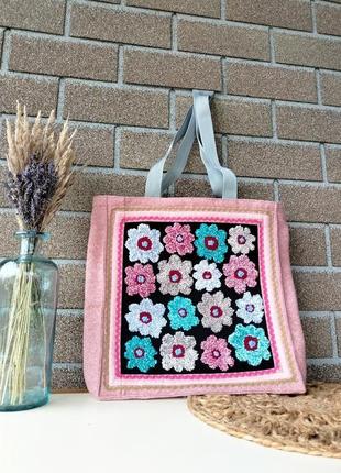 Сумка тоут , вишита сумка , килимова вишивка, стильна сумка ,кольорові квіти, подарунок коханій4 фото