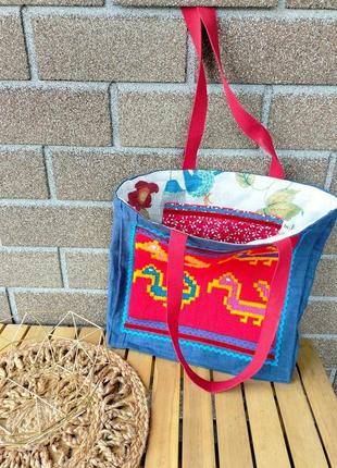 Сумка тоут , вишита сумка , килимова вишивка, стильна сумка , фіолетові квіти, подарунок коханій5 фото