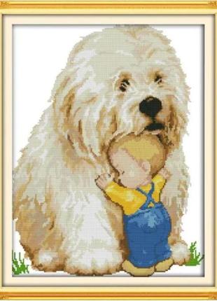 Набір для вишивання за нанесеною на канву схемою "dog & baby". aida 14ct printed 36*45 см
