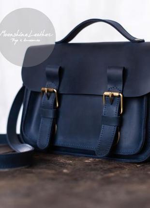 Кожаная сумка school bag mini через плечо синего цвета2 фото