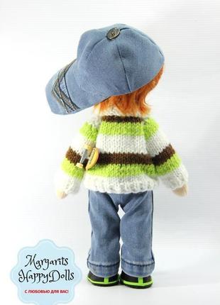 Интерьерная текстильная кукла мальчик рыжий со скейтом