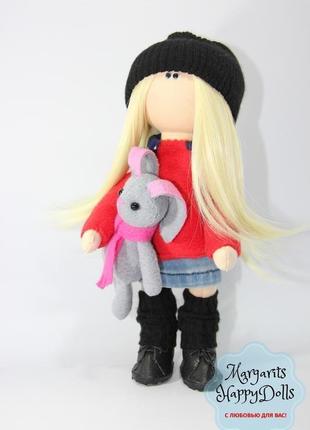 Интерьерная текстильная куколка блондинка с зайкой