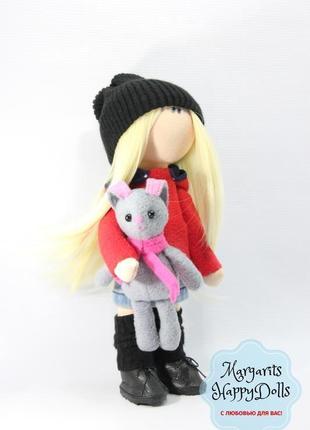 Интерьерная текстильная куколка блондинка с зайкой2 фото