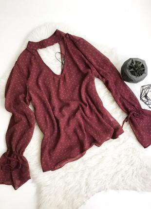 Распродажа!бордовая прозрачная блуза с чокером шифоновая летняя прямая марсала 2020