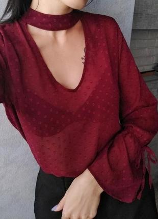 Распродажа!бордовая прозрачная блуза с чокером шифоновая летняя прямая марсала 20202 фото