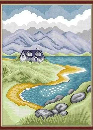 Набор для вышивания по нанесённой на канву схеме "highland hut". aida 14ct printed 21*29 см