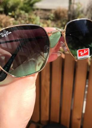 Очки солнцезащитные хорошего качества с металлической оправой летние ray ban hexagonal  золото/зеленый градиен7 фото