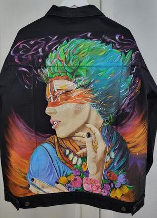 Джинсовая куртка с ручной росписью женская l1 фото