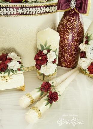 Венчальные свечи бордовые / сімейне вогнище для весілля / марсала свечи / семейный очаг айвори2 фото