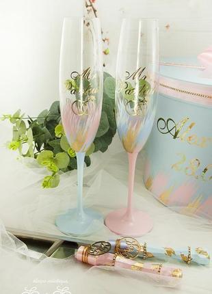 Свадебные бокалы розовые / фужеры для свадьбы голубые2 фото
