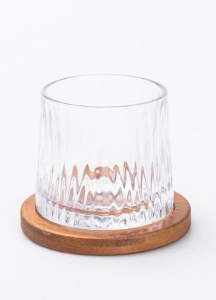 Склянка для води та соку скляна прозора з дерев’яною підставкою