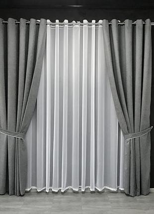 Якісна штора на люверсах із мікровелюру розмір 200х270 колір сірий4 фото