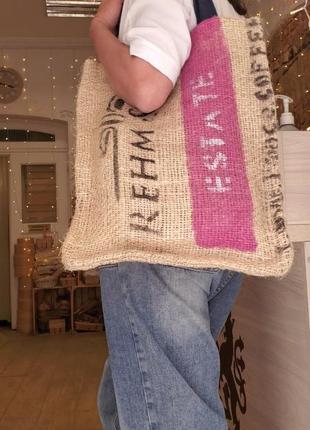 Handmade casual bag with coffee soul and style, burlap patterned rope, custom jute tote bag6 фото