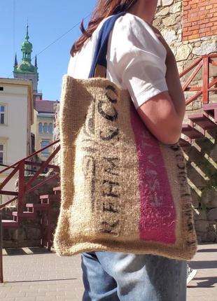 Handmade casual bag with coffee soul and style, burlap patterned rope, custom jute tote bag5 фото