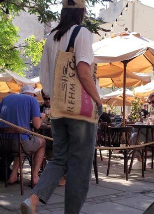 Handmade casual bag with coffee soul and style, burlap patterned rope, custom jute tote bag3 фото