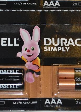 Батарейки duracell simply aaa (lr03) лужні 1.5v мізинчикові 2 шт.