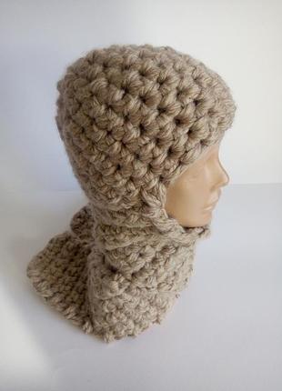 Шапка вязаная зимняя, женская шапка шарф, крупная вязка.6 фото