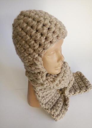 Шапка вязана зимова, жіноча шапка, шарф, велика в'язка.2 фото
